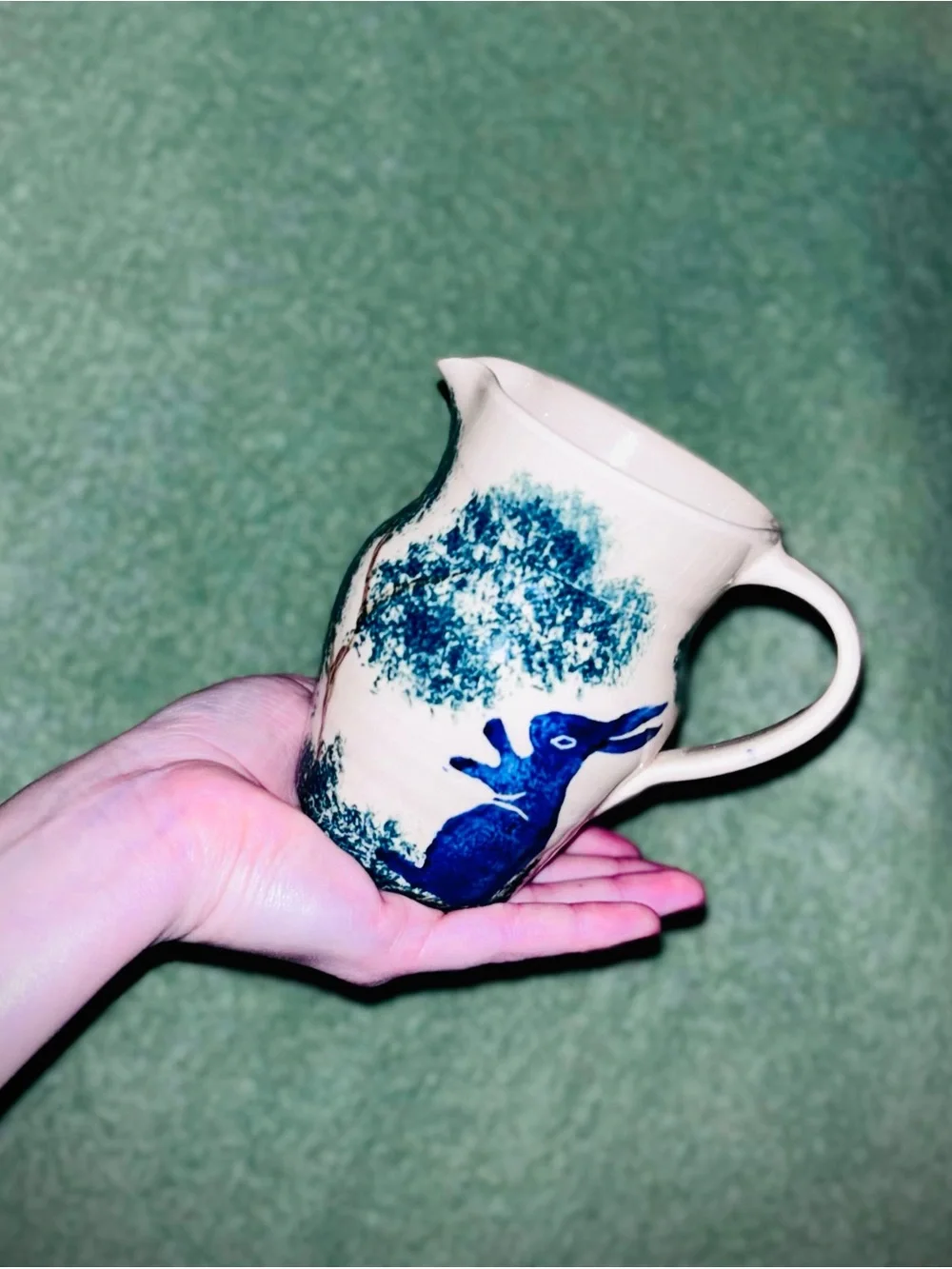 Vtg 1980s Handpainted Folk Stoneware Pitcher w/Rabbit & Forest Scene Design
